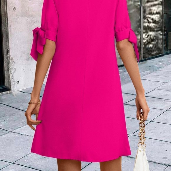 HOT Pink Casual Womens Pearls Beaded Scallop Trim Knot Cuff Tunic Dress - Picture 2 of 5